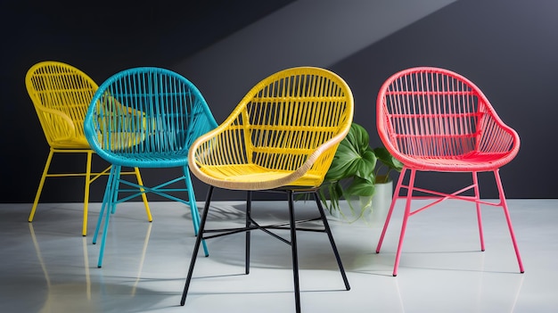 Des chaises en osier vibrantes avec des détails fluorescents à côté d'une plante en pot luxuriante dans des couleurs tonales saisissantes à l'extérieur