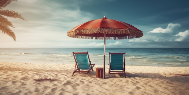 Des chaises et un parapluie sur une plage de palmiers de luxe Une bannière de vacances tropicales avec l'océan ou la mer Créée avec la technologie d'IA générative