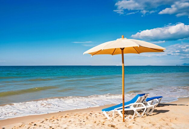 Photo des chaises et un parapluie sur une plage tropicale