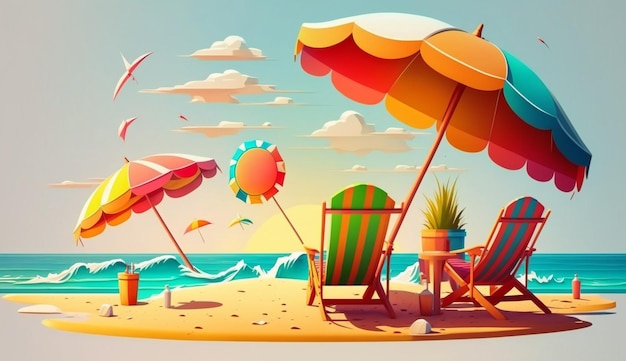 Chaises et parasol sur la plage en vacances sur l'îleGenerative AI