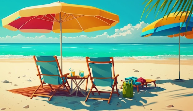 Chaises et parasol sur la plage en vacances sur l'îleGenerative AI