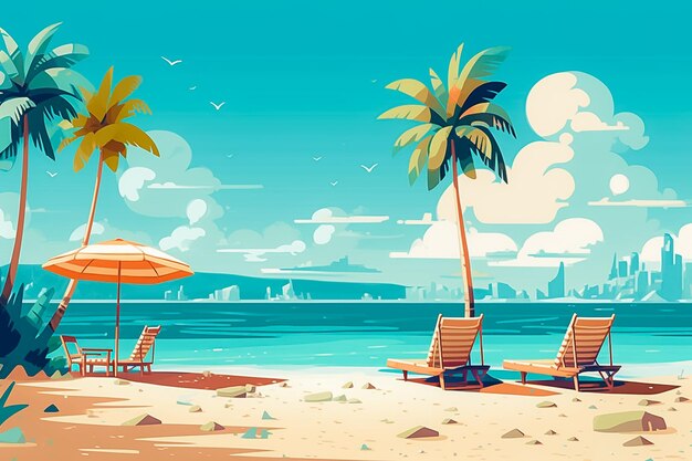 Chaises de plage en bois et parasol pour des vacances sur la plage tropicale générée par Ai