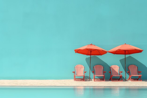 Des chaises de plage et un parapluie sur un fond clair