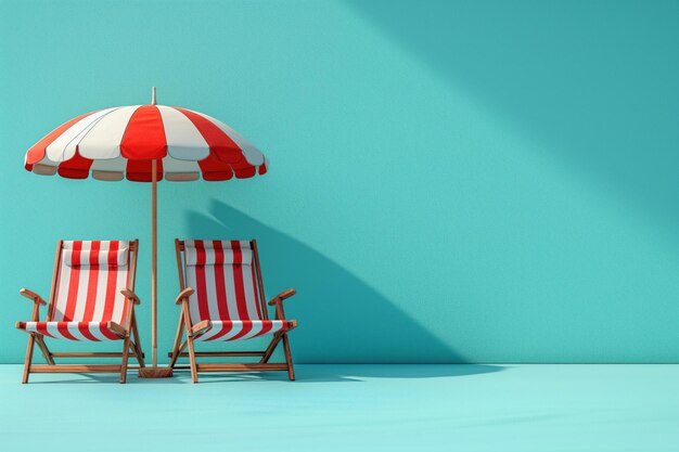 Des chaises de plage et un parapluie sur un fond clair