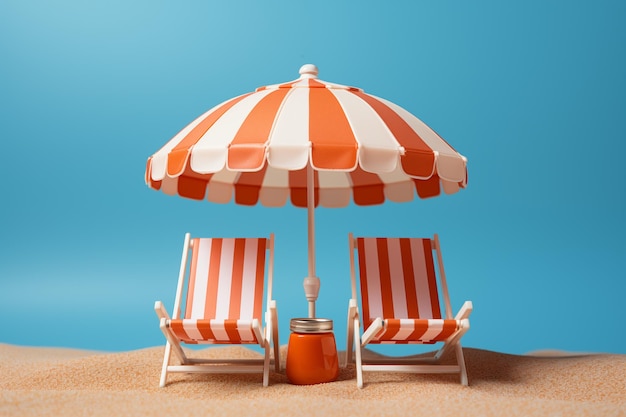 Des chaises de plage et un parapluie sur un fond clair