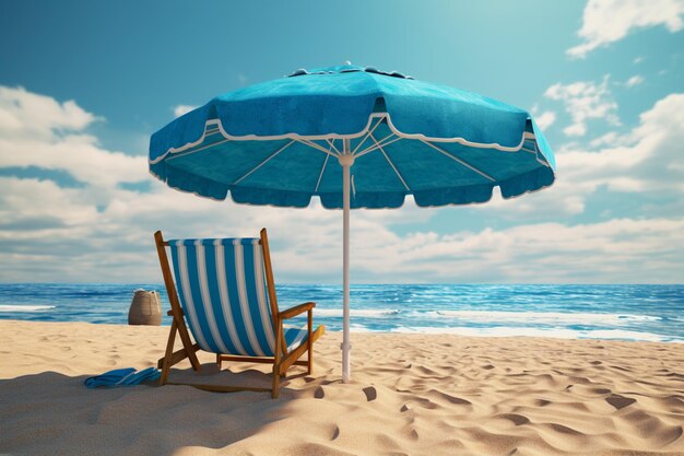 Photo des chaises de plage et un parapluie sur la plage de sable