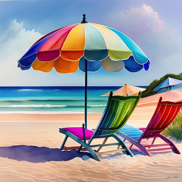 Des chaises de plage et un parapluie