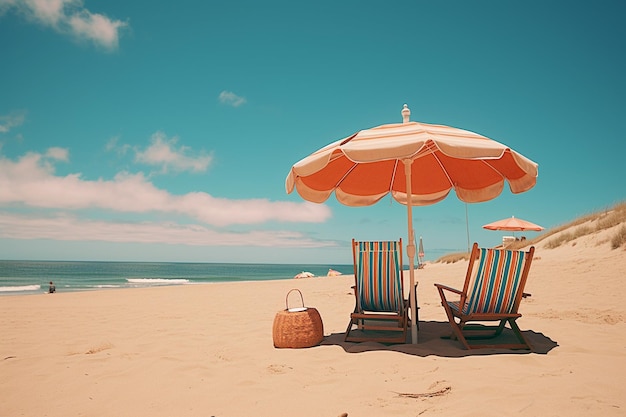 Des chaises de plage et des parapluies sur une plage de sable fin.
