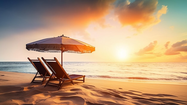 Chaises de plage et parasol sur une plage au coucher du soleil