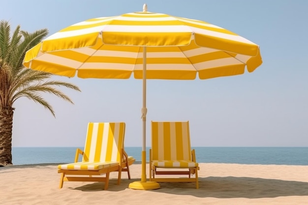 Des chaises de plage à rayures jaunes et blanches et un parapluie sur la plage