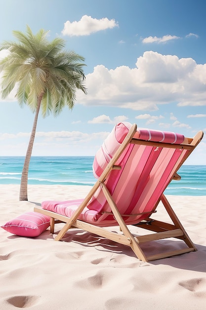 Des chaises de plage roses avec des oreillers sur un concept d'été de sable blanc