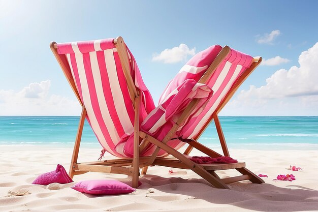 Des chaises de plage roses avec des oreillers sur un concept d'été de sable blanc