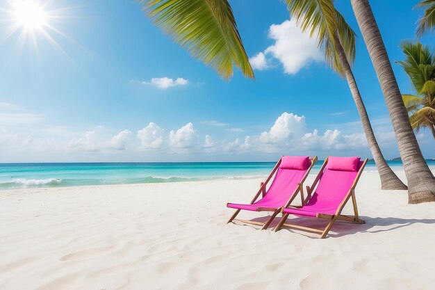 Des chaises de plage roses avec des oreillers sur un concept d'été de sable blanc