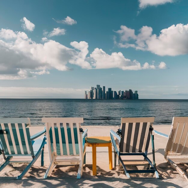 Des chaises de plage sous le ciel bleu