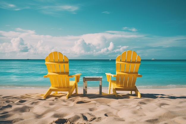 Photo chaises de plage avec table sur plage tropicale filtre vintage et effet de flamme de soleil