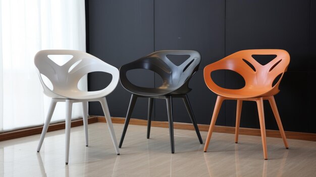 Des chaises de salle à manger noires et orange élégantes avec des sculptures organiques