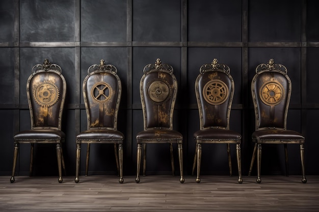 Photo chaises de salle à manger steampunk dorées sur fond fumé noir ia générative