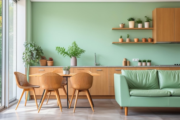 Des chaises scandinaves modernes et une table à manger ronde en bois dans le salon à la menthe avec canapé et armoire