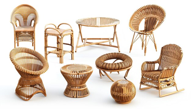 chaises de table, fauteuils et autres meubles en rattan sur fond blanc