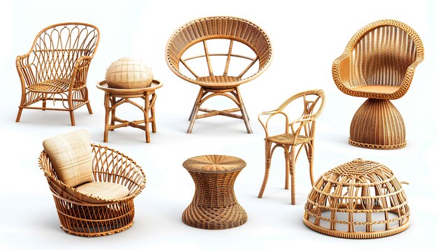 chaises de table, fauteuils et autres meubles en rattan sur fond blanc