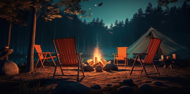 chaises table et feu de camp dans un bois devant la tente