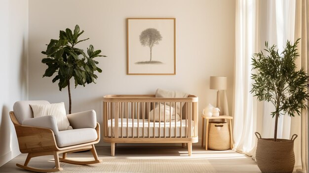 Chaises à table placées au mur avec cadre décoratif vide et lit bébé dans une pièce spacieuse et lumineuse