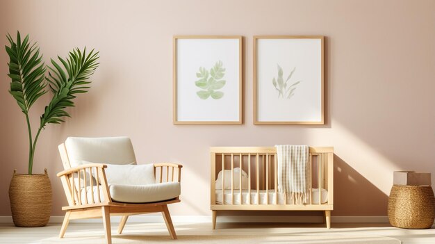 Chaises à table placées au mur avec cadre décoratif vide et lit bébé dans une pièce spacieuse et lumineuse