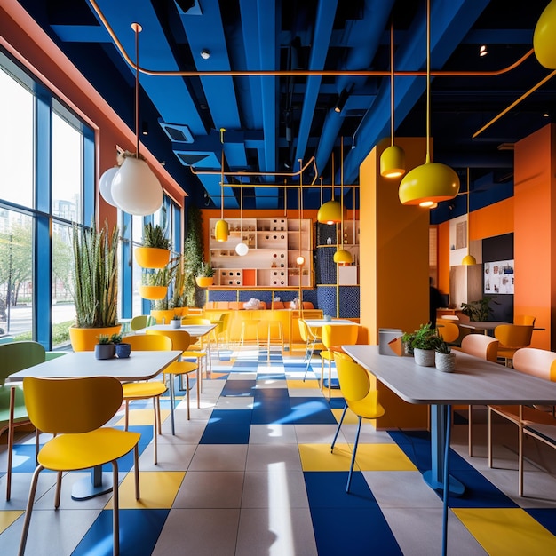 Chaises et tables aux couleurs vives dans un restaurant lumineux ai génératif