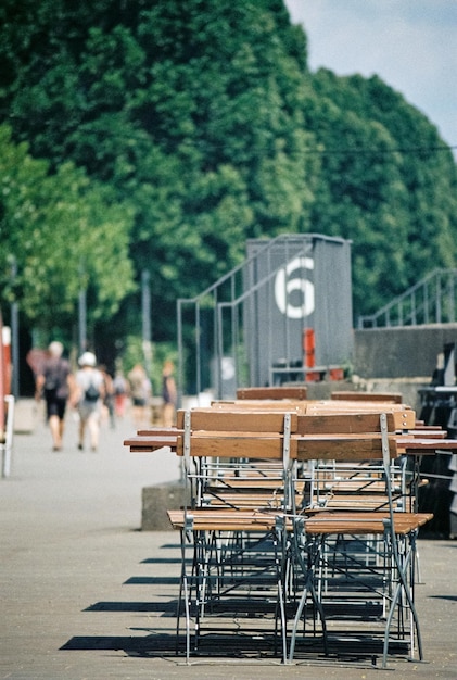 Photo des chaises et des tables vides contre les arbres