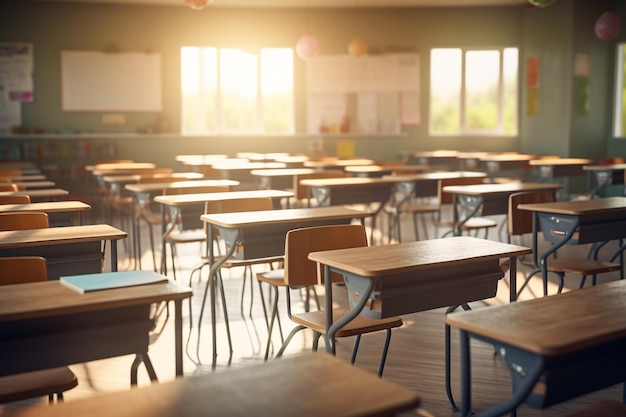 Chaises et tables vides dans une salle de classe avec la lumière du soleil le matin