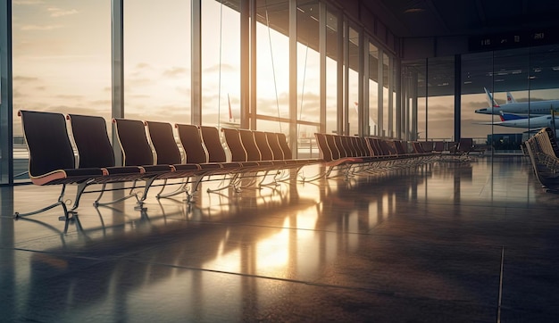 des chaises vides sont assises dans une zone d'attente d'aéroport avec un avion qui approche