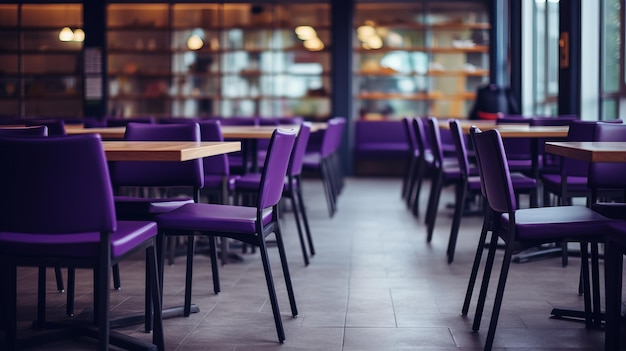 Des chaises violettes sur les tables dans la salle à manger du restaurant Vue d'un espace vide