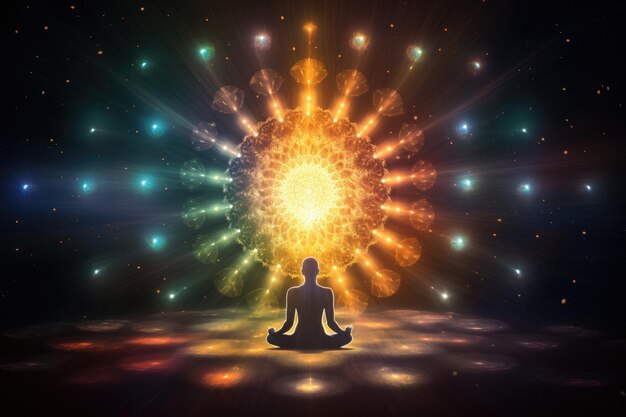 Photo chakra et lumière pendant la méditation en silhouette