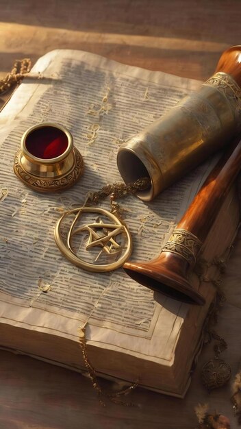 Photo le châle de prière, le tallit, le livre de prière et la corne du chofar, les symboles religieux juifs, le rosh hashanah, le judaïsme.