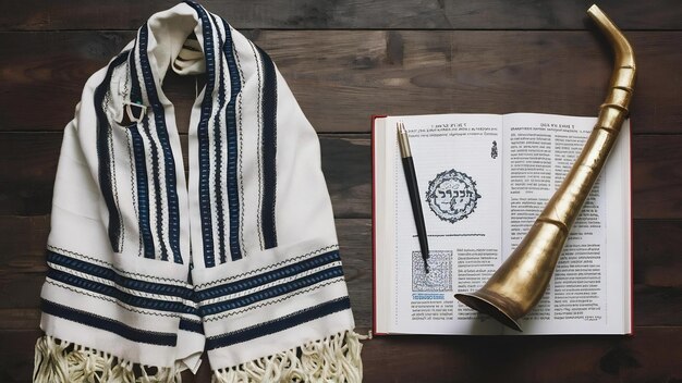 Photo le châle de prière, le tallit, le livre de prière et la corne du chofar, les symboles religieux juifs, le rosh hashanah, le judaïsme.