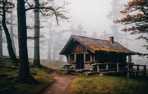 Un chalet en bois dans la forêt par une matinée brumeuse.