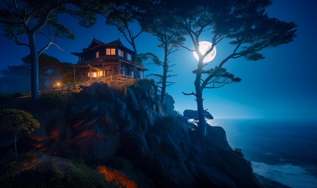 Chalet à deux étages sur la falaise au-dessus de la mer Lumière dans les fenêtres d'une maison Lune dans le ciel clair en toile de fond Generative AI