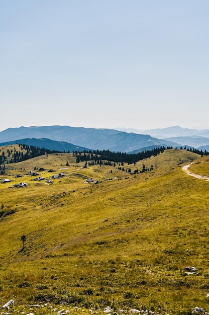 Chalet de montagne cabane ou maison sur la colline Velika Planina paysage de prairie alpine Agriculture écologique Destination de voyage pour la randonnée en famille Alpes de Kamnik Slovénie Grand Plateau