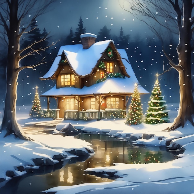 Chalet de Noël avec lumières de Noël et arbre de Noël dans la forêt en hiver avec lune de neige