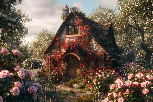 Un chalet pittoresque entouré de roses en fleurs octa