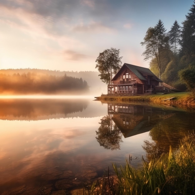 Chalet près d'un grand lac dans une zone forestière générative ai