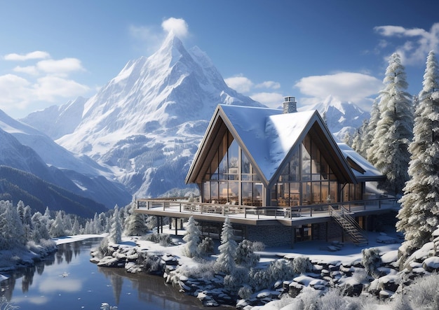 Chalet scandinave moderne sur une station de ski avec vue sur la neige et les montagnes par un après-midi ensoleillé