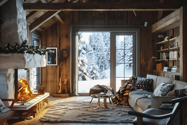 Photo un chalet de ski scandinave avec une cheminée confortable