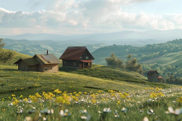 Photo des chalets paisibles à la campagne nichés parmi les rouleaux