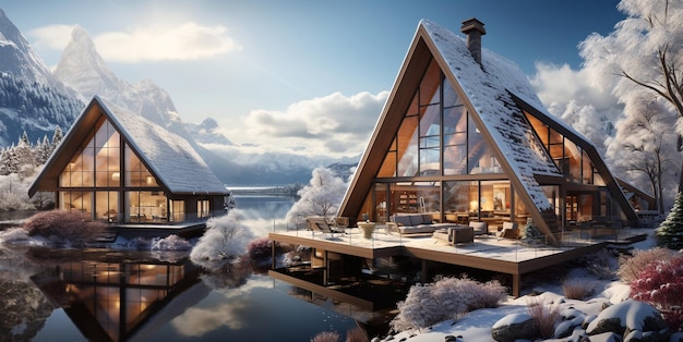 Photo des chalets scandinaves modernes sur une station de ski avec vue sur la neige et les montagnes par un après-midi ensoleillé