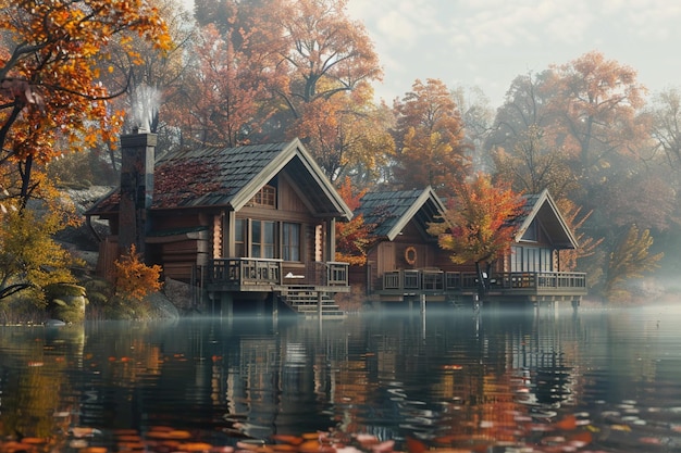 Des chalets tranquilles au bord du lac dans les nuances d'automne