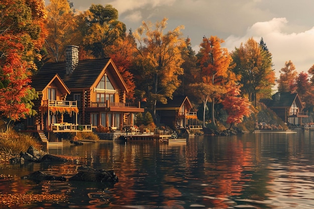 Des chalets tranquilles au bord du lac dans les nuances d'automne