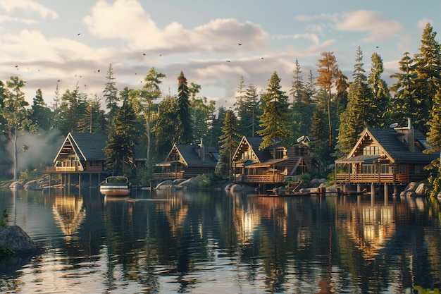 Des chalets tranquilles au bord du lac, nichés parmi les pins.