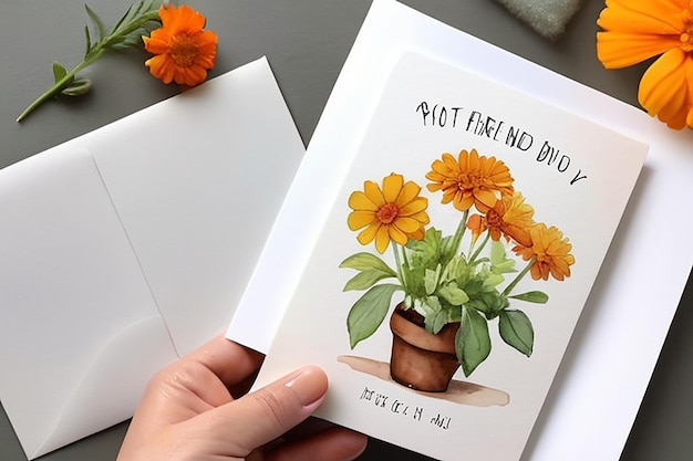 La chaleur et l'amitié Pot Marigold Aquarelle Carte de vœux