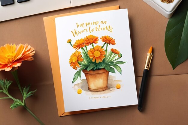 Photo la chaleur et l'amitié pot marigold aquarelle carte de vœux